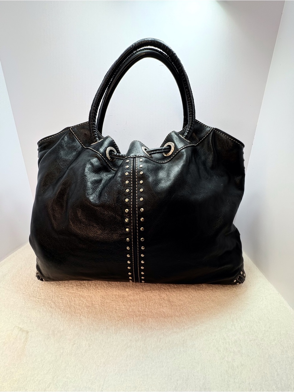 Michael Kors Black Leather Tote with Stud Center Trim